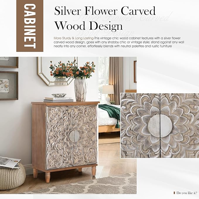 PHI VILLA Accent Cabinet with Doors - Antique Storage Cabinet for Entryway Buffet Sideboard
