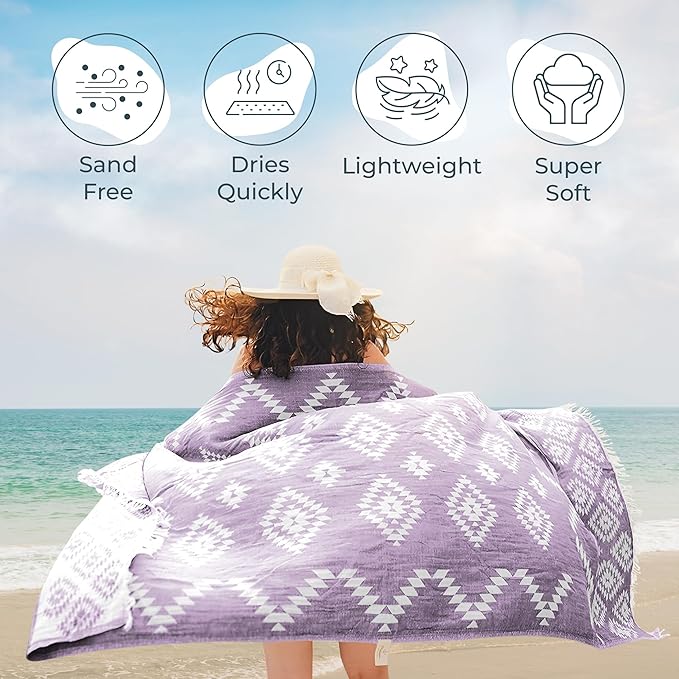 Turkish Towels Beach Towels Oversized (35”x67”) Beach Towels for Adults Quick Dry and Sand Free Beach Towel Beach Blanket 100% Cotton Turkish Towel - Lilac Purple