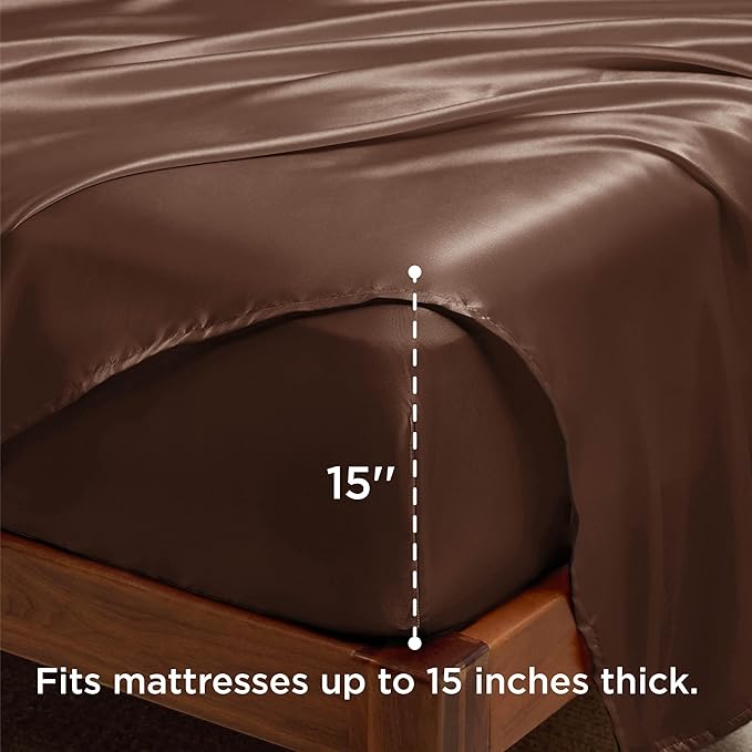 Bedsure Satin Sheets Queen Size - 4 Piece Silky Bedsheets with 15 Inches Deep Pocket Fitted Bedsheet,1 Flat Sheet, 2 Satin Pillowcases, Good for Hair & Skin (Queen, Coffee)