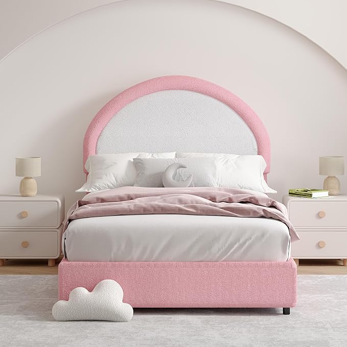 Twin Bed Frames with Headboard, Boucle Upholstered Platform Bed, White Bed Frame, Soft Rounded Corners, No Box Spring Needed, Easy Assembly, Pink&White