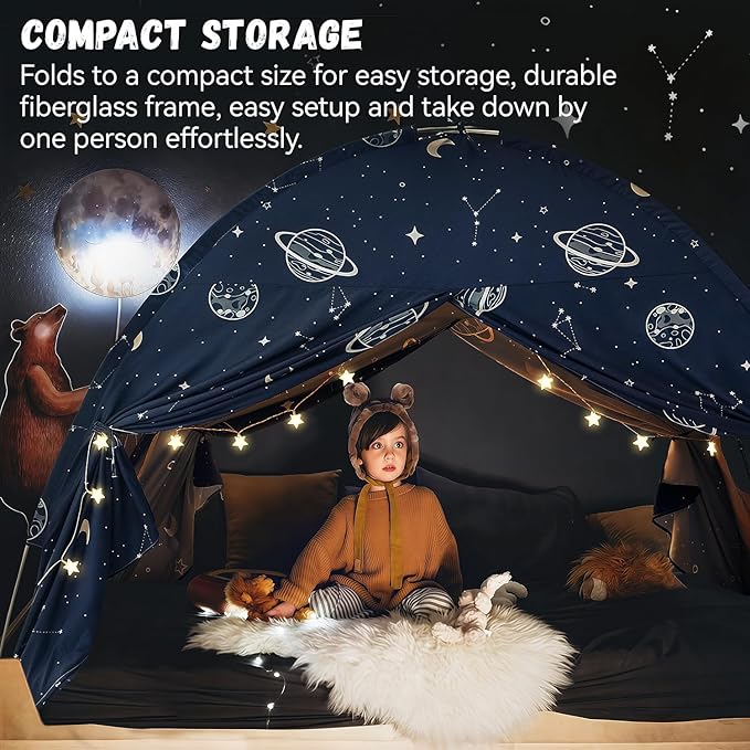 Toddler Bed Tent Full, Space Canopy Indoor for Kids Boys, Kids Bed Canopy Full Size, Galaxy Dome Playhouse Tents Floor Privacy Space on Bed Sleeping Tent for Girls Birthday Toy House Gift
