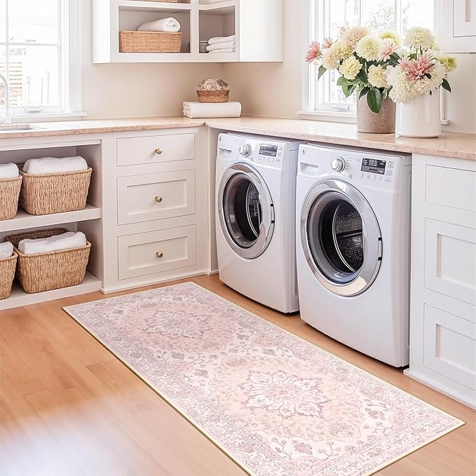 Area Rugs 2'x5' Washable Non-Slip, Floral Vintage Distress Print Pattern Medallion Carpet for Living Room Bedroom Dining Room, Pink Greypink Cute