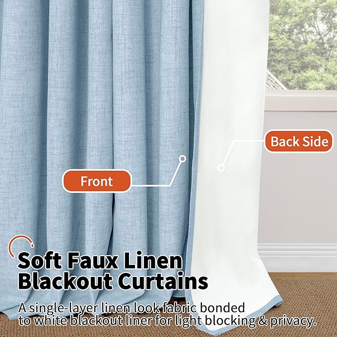 Baby Blue Linen Blackout Curtains for Nursery 45 Inch Length 2 Panels, Short Thermal Insulated Boho Total Black Out Noise Reducing Small Window Curtains for Kids Bedroom, Each 38 Inch Wide