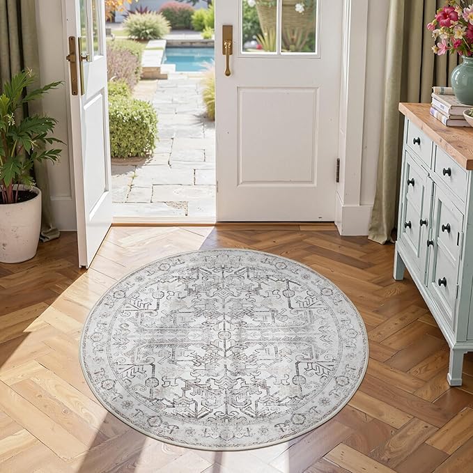 jinchan Lima Round Rug 4ft Vintage Machine Washable Area Rug Indoor Circle 4' Ultra-Thin Non-Slip Floral Print Carpet for Farmhouse Entryway Dining Room Living Room Bedroom Office (4'Round, Taupe)