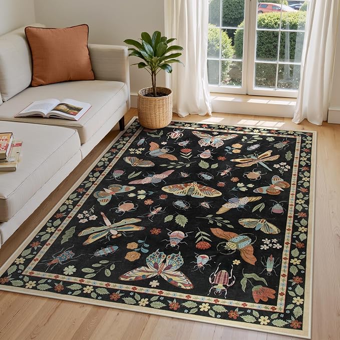 Lahome Insect Washable Small Area Rug, 3x5 Area Rug for Bedroom Living Room, Non-Slip Soft Accent Throw Carpet for Kitchen Office Entryway Bathroom Office, Black