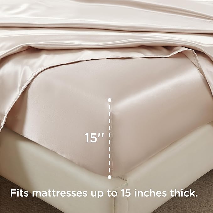 Bedsure Satin Sheets Queen Size - 4 Piece Silky Bedsheets with 15 Inches Deep Pocket Fitted Bedsheet,1 Flat Sheet, 2 Satin Pillowcases, Good for Hair & Skin (Queen, Beige)