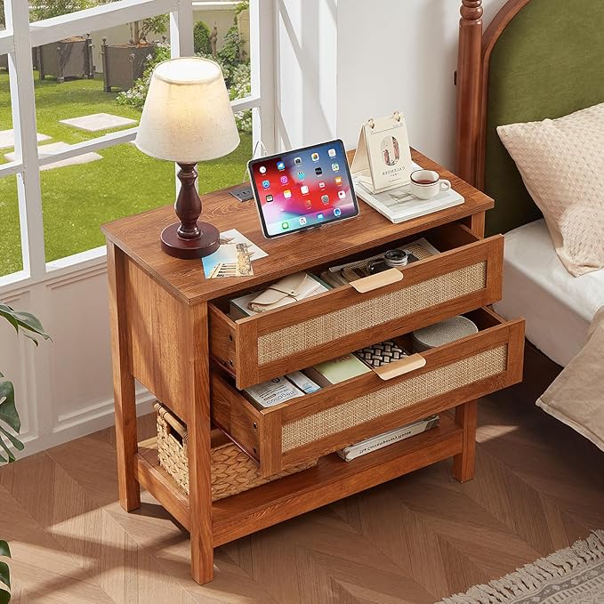 LEYAOYAO 31.5" Wide Rattan Night Stand with Charger Station, Oversized Large Boho Nightstand with 2 Drawer, Tea Brown Bed Side End Tables, Tall Bedside Table for Bedroom Living Room, Hallway