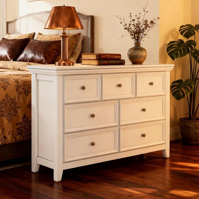 White Dresser for Bedroom, White 7 Drawers Dresser, Modern 7 Chest of Drawers, Closet Dresser, Farmhouse Dresser with 7 Storage Drawers Cabinet for Home Office, Study Room
