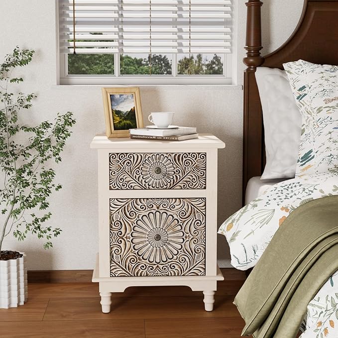 COSIEST Bedside Table Set of 2, Wood Nightstand, Farmhouse End Table with Storage, Nightstand with Drawers for Bedroom, Living Room