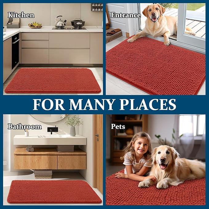 OLANLY Dog Door Mat for Muddy Paws 24x16, Absorbs Moisture and Dirt, Absorbent Non-Slip Washable Doormat, Quick Dry Chenille Mud Mat for Dogs, Entry Indoor Entryway Carpet for Inside Floor, Maple Red