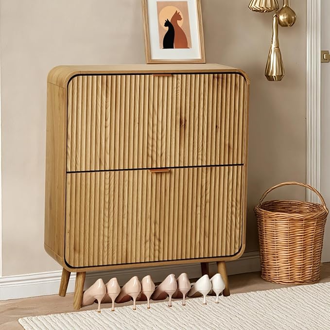 31.5" Fluted Shoe Cabinet with 2 Flip Drawers, Slim Freestanding Shoe Cabinet Organizer, Narrow Shoes Storage Rack for Entryway, 4 Sturdy Legs (Walnut)