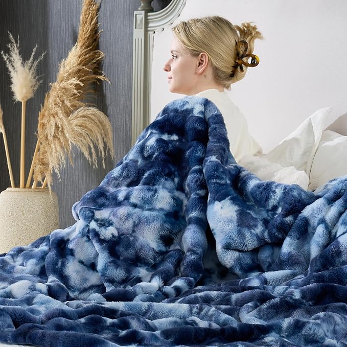 Cozy Bliss Faux Fur Throw Blanket for Couch, Fuzzy Soft Plush Thick Striped Blanket for Sofa Bedroom Living Room, 50 * 60 Inches Tie-dye Blue