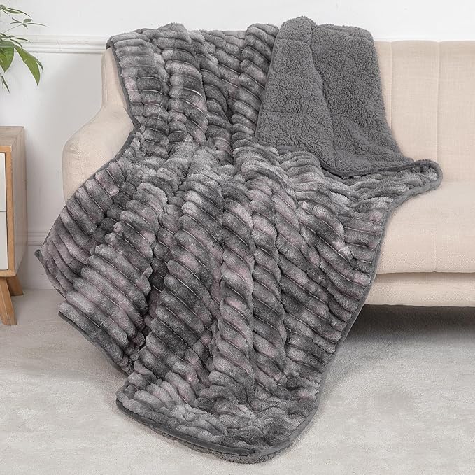 Sherpa Fleece Weighted Blanket with 3D Ribbed Stripes, 15 lbs Soft Flannel Heavy Throw Blanket for Couch Full Size Bed, Heavy Thick Blankets with Ceramic Beads, Great for Deep Sleep, 60" x 80"