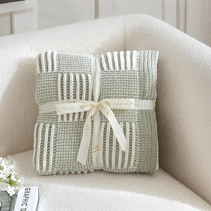 Amélie Home Checkered Knit Throw Blanket for Couch, Chenille Texture Decorative Soft Blanket for Sofa & Chair, 50"x60", Sage Green & White