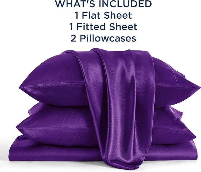 Bedsure Satin Sheets Queen Size - 4 Piece Silky Bedsheets with 15 Inches Deep Pocket Fitted Bedsheet,1 Flat Sheet, 2 Satin Pillowcases, Good for Hair & Skin (Queen, Purple)