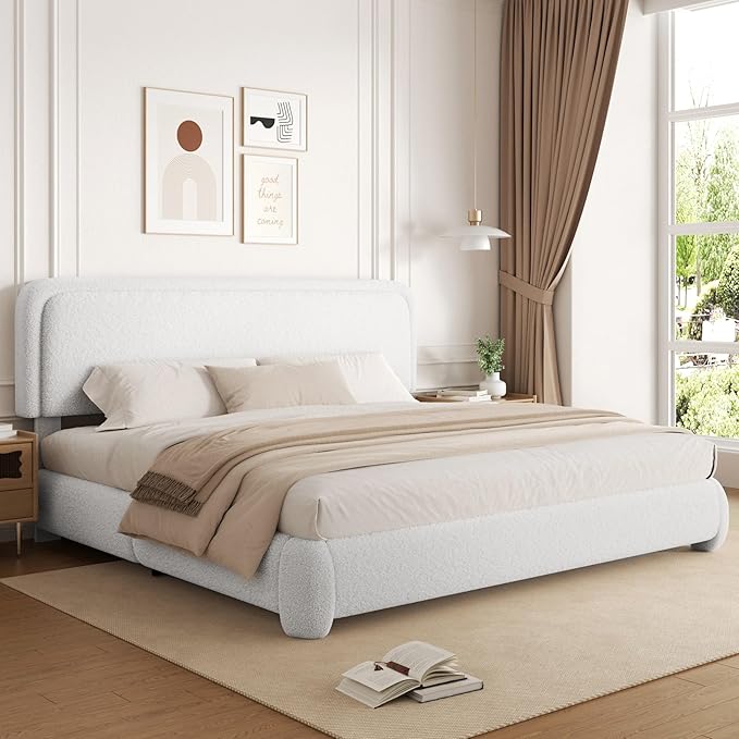 King Size Boucle Bed Frame, Upholstered Cloud Platform Bed Frame with Headboard, Anti-Collision Soft Rounded Corners, No Box Spring Required, Easy Assembly, Noise Free, Adjustable Headboard