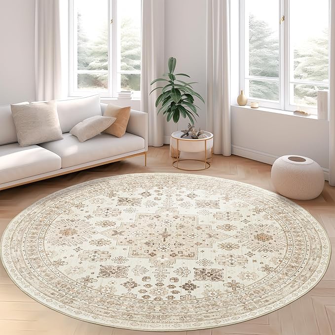 zesthome 8ft Round Rugs for Living Room, Non-Slip Washable Round Area Rugs, Ultra-Thin Large Circle Rugs, Soft Low Pile Rug for Bedroom, Kitchen - Vintage Stain Resistant Round Rug (Cream/Beige,8'x8')