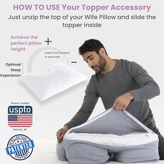 Wife Pillow - Topper, Down Alternative Premium Siliconized Fiberfill - Machine Wash & Dry. Adjustable for Side Sleepers by Zipper Access, Add or Remove Filling for Best Sleeping: Medium Support