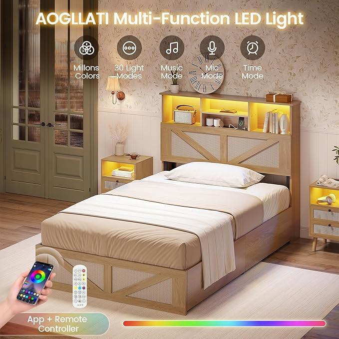 AOGLLATI Twin Bed Frame with 4 Storage Drawers and Natural Rattan 2-Tier Bookcase Hidden Headboard, Boho Led Twin Bed Frame with Charging Station, No Box Spring Needed, Wood
