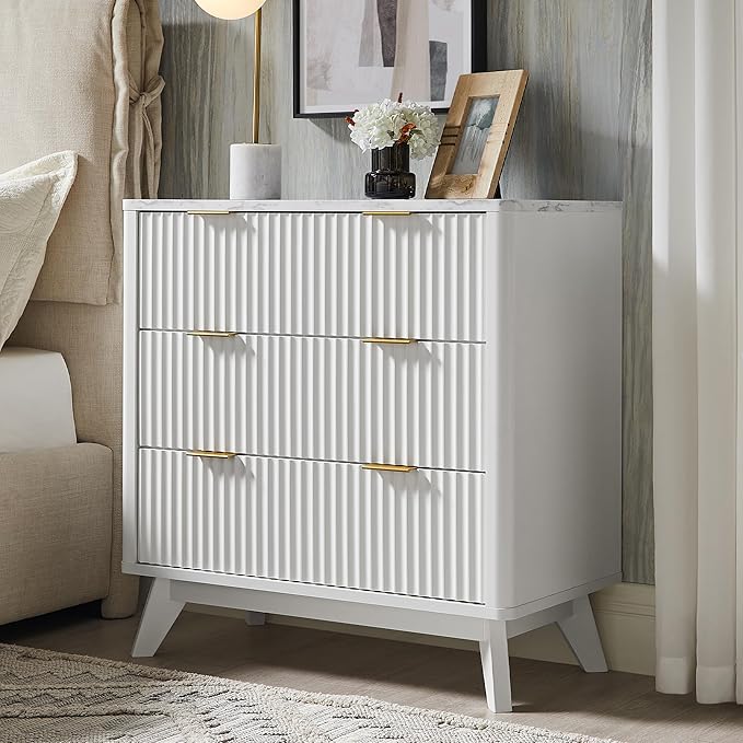 T4TREAM Fluted 3 Drawers Nightstand, Oversized Extra Large Modern Side Table with Faux Marble Top, End Table Bedside for Bedroom, Living Room, Curved Profile Design, Solid White