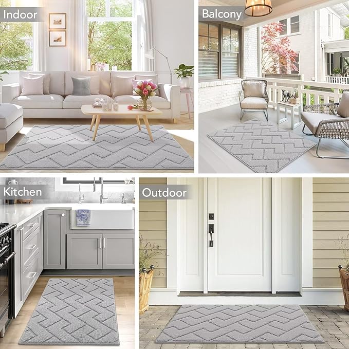 hicorfe Dirt Trapper Doormat,20"x31.5" Welcome Door mat,Non Slip Backing Washable Door Mats,Absorbent and Resistant Low-Profile Entrance Inside Floor Mat for Front Back Door and Entryway(Light Grey)