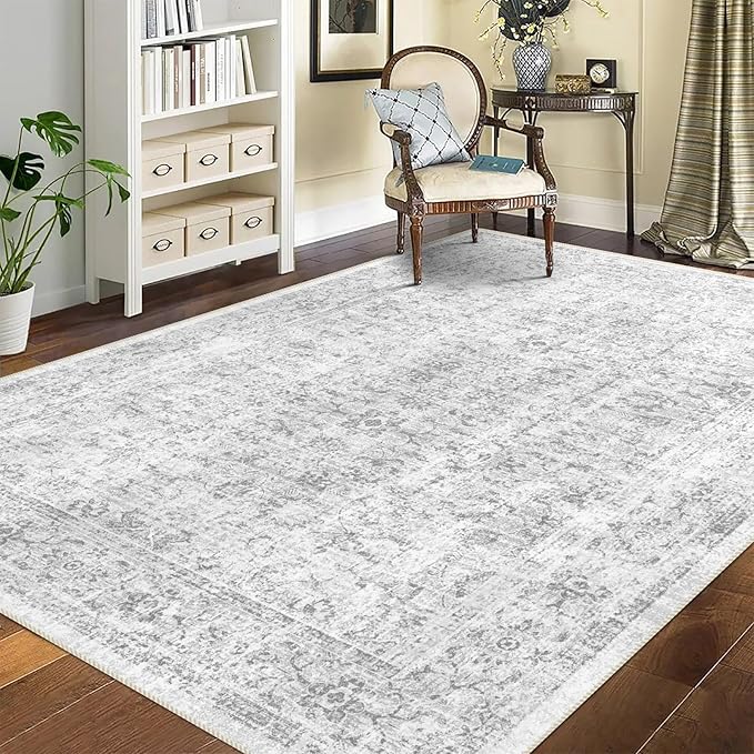vivorug 9x12 Area Rugs for Living Room, Non Slip Machine Washable Vintage Rug, Ultra-Thin Lightweight Large Area Rug for Bedroom, Dining Room, Low Pile Grey