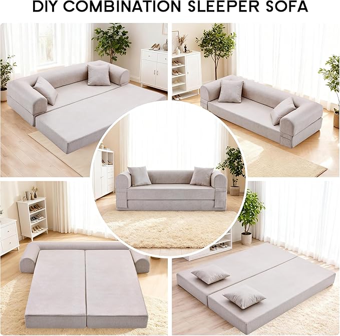 78.5" Convertible Sleeper Sofa Bed, Faux Leather Deep Seat Folding Floor Sofa with Pullout Bed & 2 Pillows, No Assembly Modern Boneless Couch Compression Sofa in Box for Living Room, Office, Beige