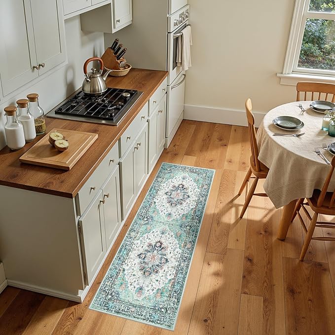 Area Rugs 2'x5' Washable Non-Slip, Floral Vintage Distress Print Pattern Medallion Carpet for Living Room Bedroom Dining Room, Green Navy Blue White Red Teal Colorful