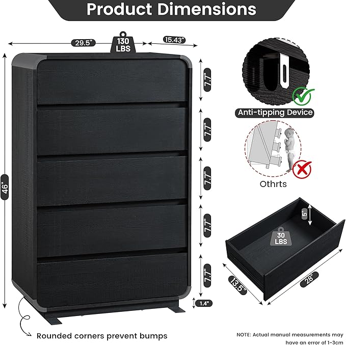 29.5’’ W Dresser for Closet, Black Drawers with Curved Design, Chest Drawer with 5 Drawers, Vertical Drawer with Large Storage, Wooden Dresser for Living Room, Nursery, Entryway