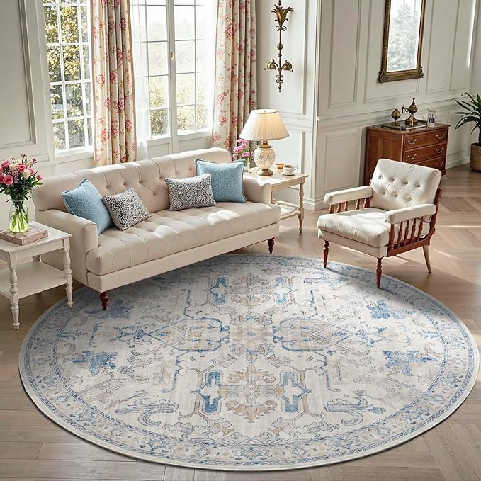 jinchan Round Rug 7ft Area Rug Vintage Floor Mat Kitchen Indoor Ultra-Thin Soft Floral Print Washable Circle 7' Accent for Farmhouse Non Slip Dining Room Living Room Bedroom Office Blue