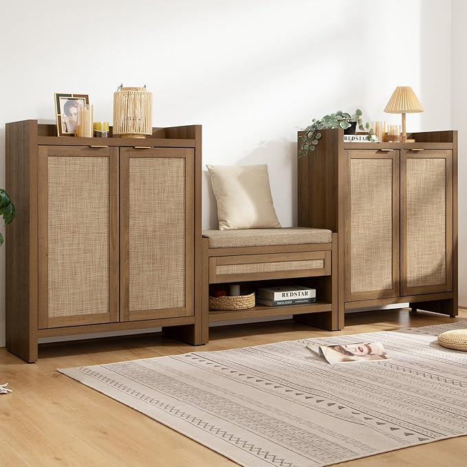 SICOTAS Shoe Cabinet Set of 2, Large Capacity Shoe Storage Organizer Cabinet, Tall Rattan Shoe Cabinet with Doors and Shelves, 6-Tier Farmhouse Boho Wooden Storage Cabinet for Entryway Hallway