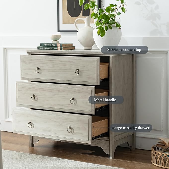 Chogori Solid Wood Dresser for Bedroom- Natural Wood Veneers & Water Based Paint Finished- Vintage Chests of Drawers, Small 3 Drawer Dresser (2, Antique Gray)