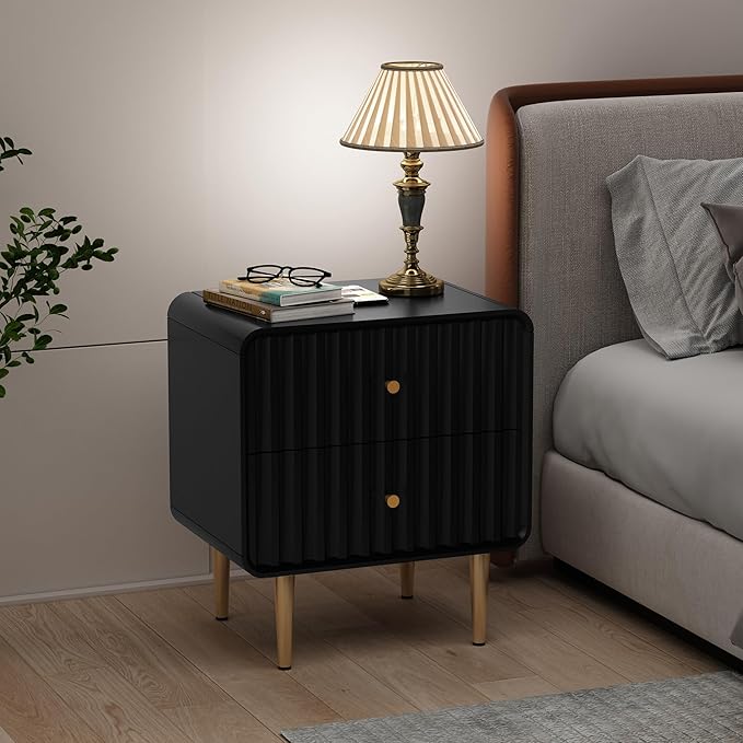 HLR Modern Nightstand, Fluted Bed Side Table with 2 Drawers Storage, Wood End Table with Gold Metal Handle, Black Night Stands for Bedroom