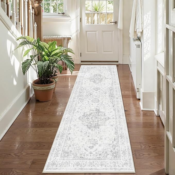 2x6 Hallway Washable Runner Rug Vintage Non-Slip Soft Kitchen Mat Boho Medallion Distressed Farmhouse Carpet Floral Low Pile Indoor Throw Rug for Entryway Bathroom Living Room Bedroom, Gray