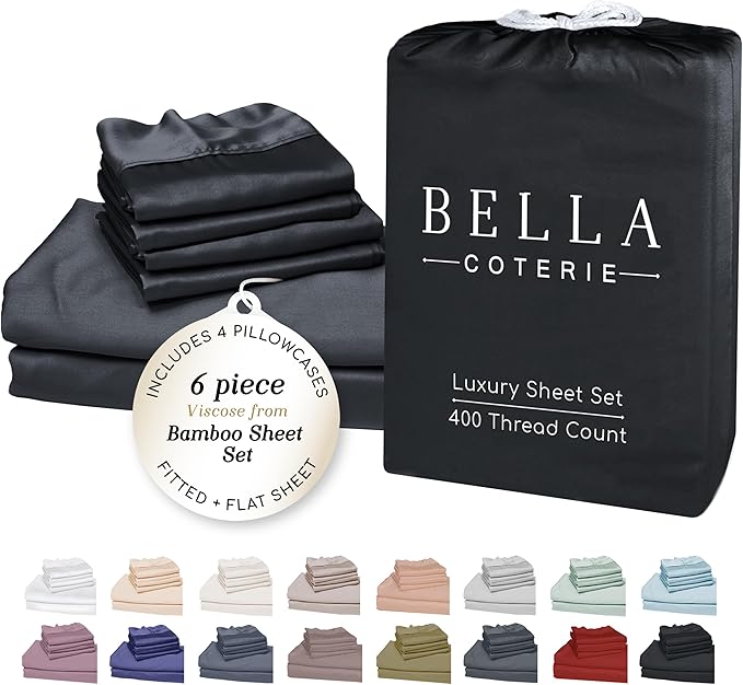 Bella Coterie 6 Piece Luxury Bamboo Viscose King Size Sheet Set | 100% Organically Grown | Cooling for Hot Sleepers | 18" Deep Pocket | Soft & Hypoallergenic | 4 Pillowcases [Black]
