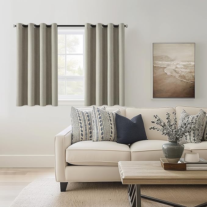 ChrisDowa 100% Blackout Sand Solid Curtains 45 Inches Long 2 Panels for Bedroom Living Room,Farmhouse Room Darkening Thermal Insulated Soundproof Grommet Top Window Treatment Drapes,52x45