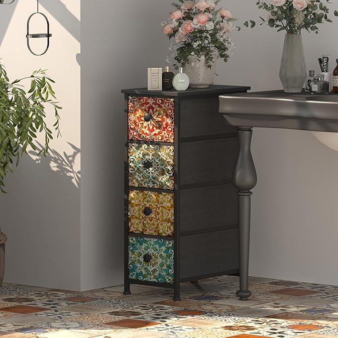 GiftGo Skinny Slim Dresser with Fabric Drawers Thin Boho Mandala Flower Chest of Drawers Narrow Storage Tower for Small Spaces Gaps Bedroom Beautiful Nightstand Living Room Table
