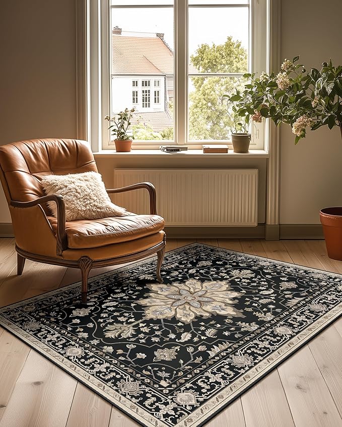 Area Rugs 3'x4' Washable Non-Slip, Floral Vintage Distress Print Pattern Medallion Carpet for Living Room Bedroom Dining Room, Black Brown Neutral Dark Tan