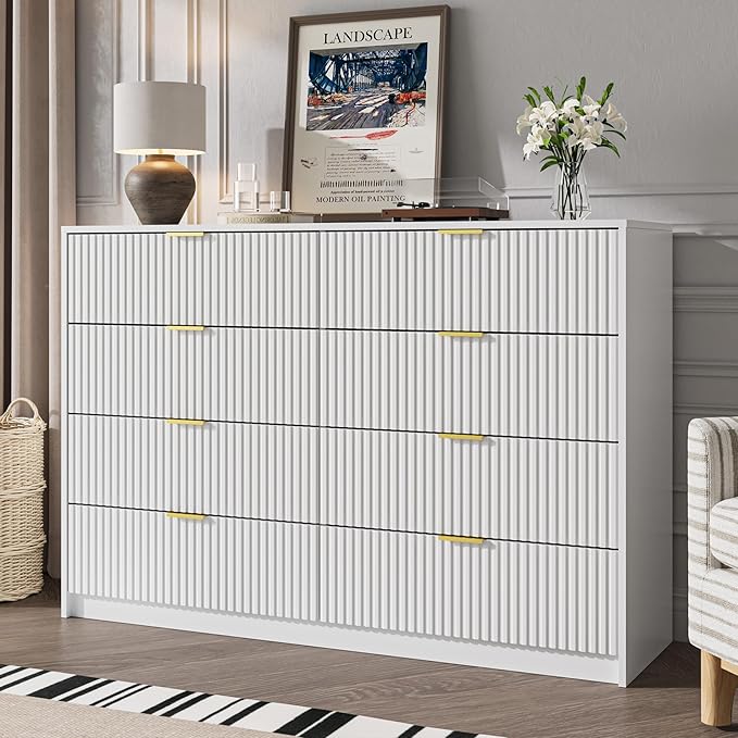 White Dresser for Bedroom, 8 Drawer Double Dresser, Modern Chest of Drawers for Bedroom, Living Room, Entryway and Closet, 55" L x 15.7" D x 37.4" H