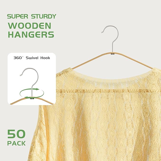 Bamboo Wood Hangers 50 Packs, Coat Hangers, Clothes Hangers with 360-Degree Rotatable Hook, Heavy Duty, Non Slip Suit Hangers for Clothes, Jacket, Shirt, Tank Top, Pant (Bamboo, 50 PCS)