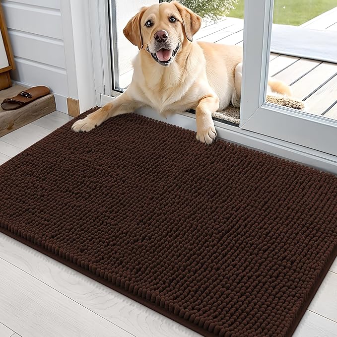 OLANLY Dog Door Mat for Muddy Paws 35x24, Absorbs Moisture and Dirt, Absorbent Non-Slip Washable Doormat, Quick Dry Chenille Mud Mat for Dogs, Entry Indoor Entryway Carpet for Inside Floor, Brown