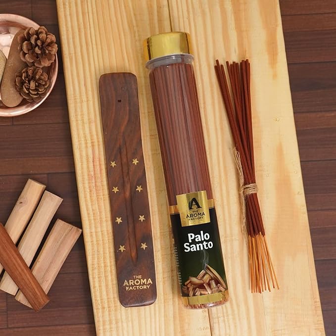 The Aroma Factory Organic Incense Sticks PaloSanto (Herbal Agarbatti for Smudging, Cleansing) 0% Charcoal, 0% Sulphates, 1 x 100g Bottle