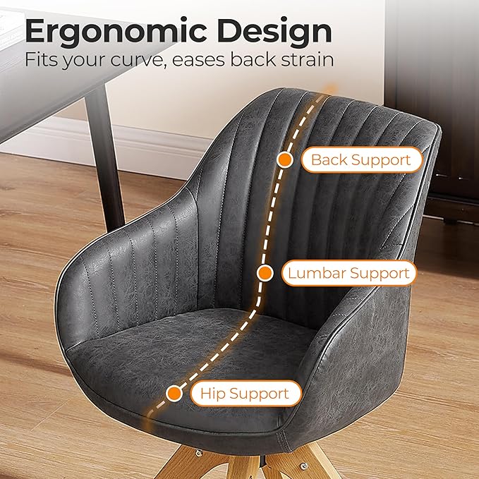 Zouron Mid Century Modern Accent Chair with Oak Wood Legs, Upholstered Swivel Chair No Wheels, Side Accent Armchair Vanity Chair for Small Space Home Office Living Room Bedroom, Black
