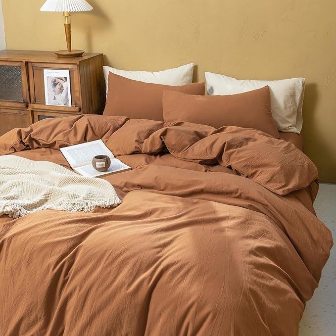 FOSSA Duvet Cover Set 100% Washed Cotton Linen Feel Super Soft Breathable Cozy Simple Style 3 Pieces Bedding Sets Solid Dark Orange Super Queen