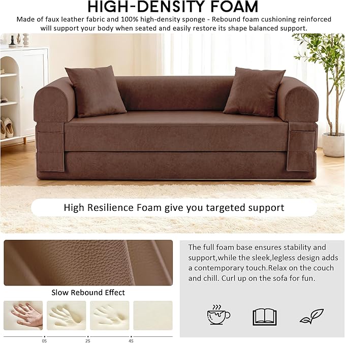 78.5" Convertible Sleeper Sofa Bed, Faux Leather Folding Floor Sofa with Pullout Bed&2 Pillows, No Assembly Modern Boneless Couch Compression Sofa in Box with Storage Pocket for Living Room, Brown