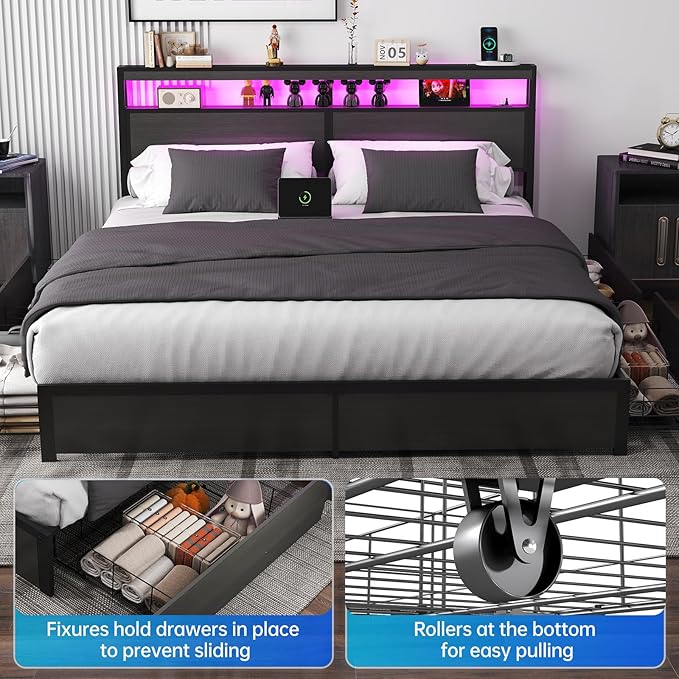 King Bed Frame with Storage Headboard and 4 Drawers, Metal Platform Bed Frame with LED Light, Charging Station, No Box Spring Needed, Noise Free, Easy Assembly,Charcoal Grey