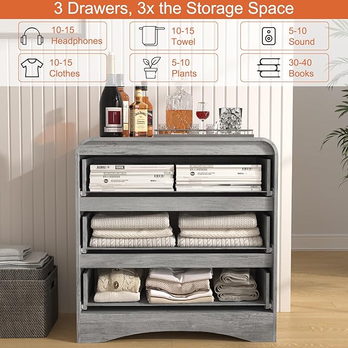 3 Piece Bedroom Set, Dresser and Nightstand Sets for Bedroom, Wood 3 Drawer Dresser & Night Stand Set of 2, Wide Chest of Drawers Modern Storage Cabinet Bedroom Furniture Set, Grey