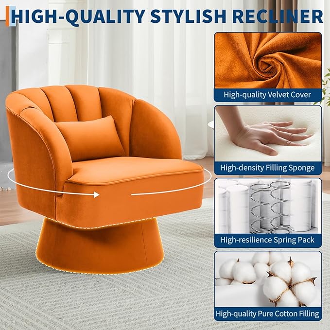 GarveeHome Modern Swivel Barrel Accent Chair, 360° Velvet Upholstered Armchair with Striped Backrest & Plush Padding, Comfy Round Lounge Chair (1, Orange + Velvet)