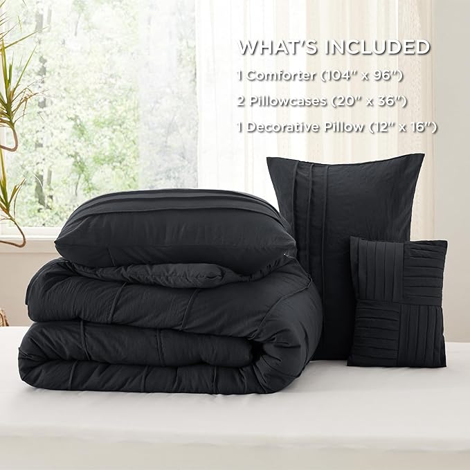 Bedsure California King Comforter Set - 4 Pieces Pinch Pleat Bed Set, Black Boho Bedding for All Season, 1 Soft Comforter, 2 Pillowcases, 1 Decorative Pillow