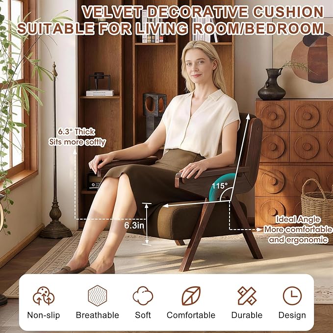 Mid Century Modern Accent Chair, Fabric Upholstered Lounge Arm Chair with Solid Wood Frame for Living Room, Bedroom, Office, Reading Corner (Coffee, Set of 2)